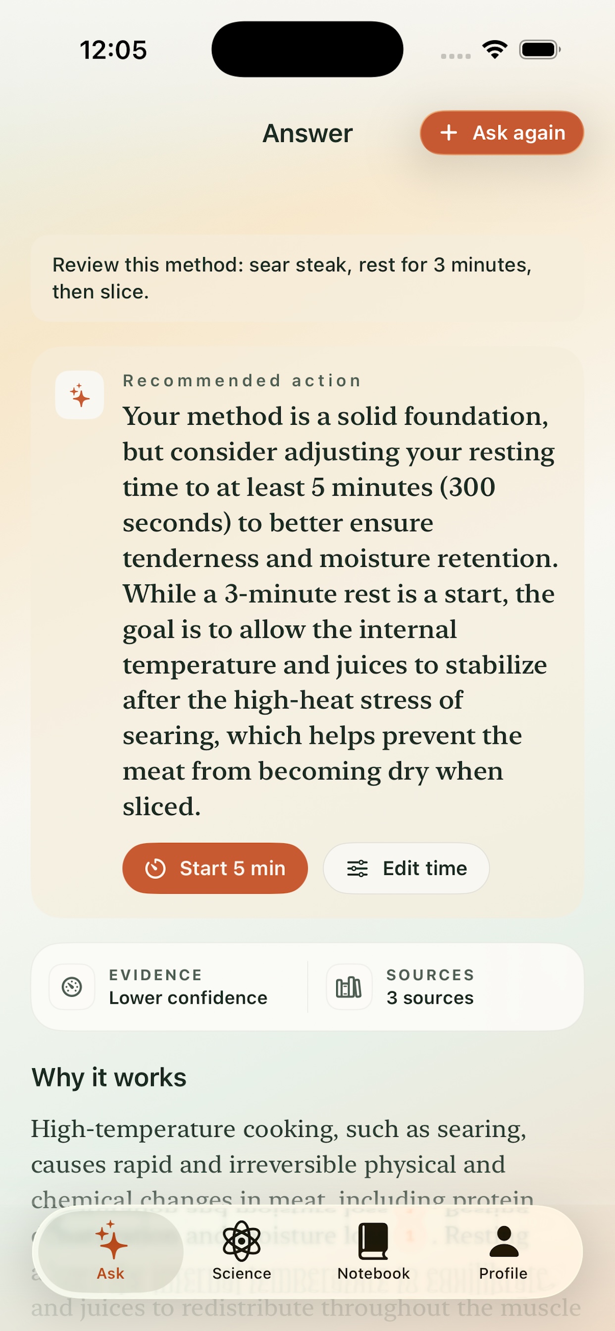MolekitChen Answer screen with recommended action and timer