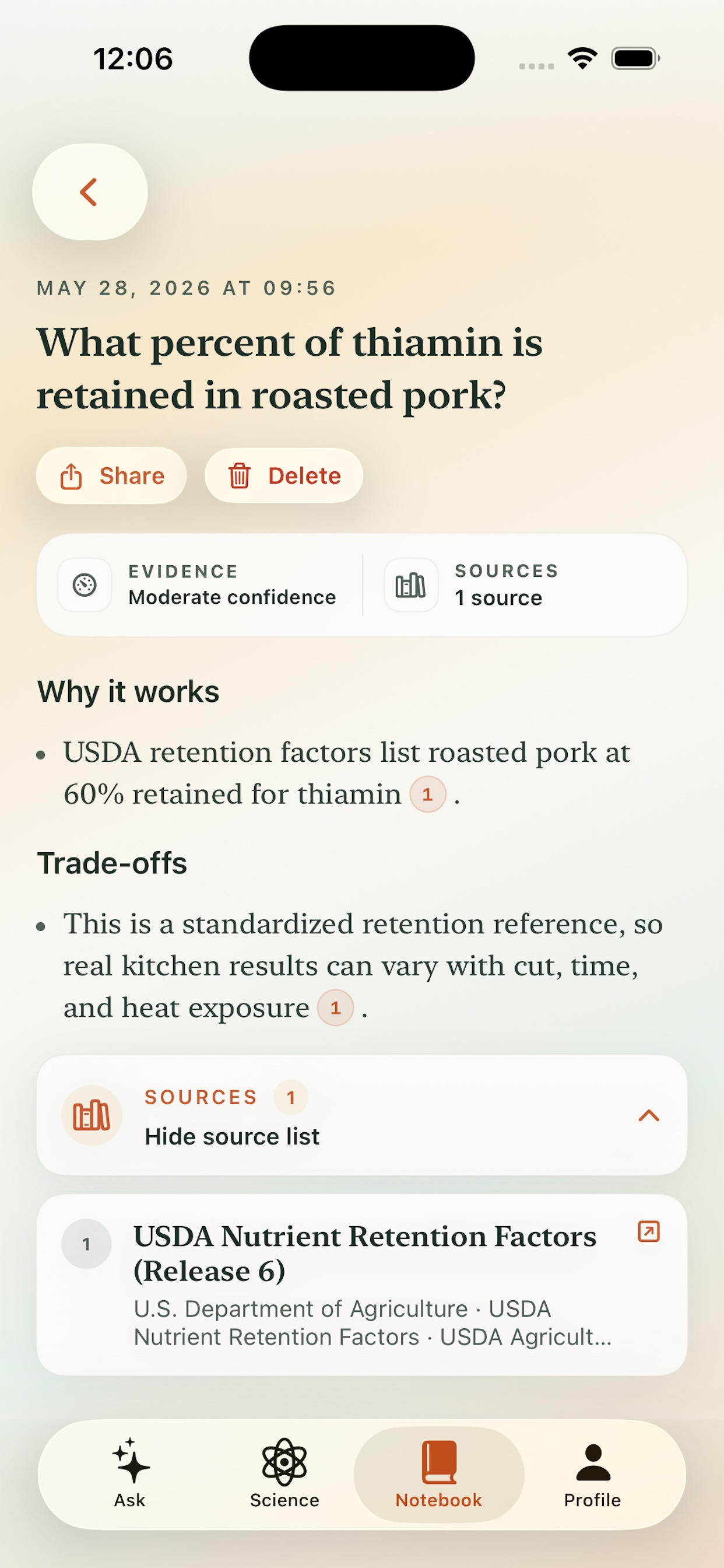 MolekitChen Notebook detail screen with evidence and sources