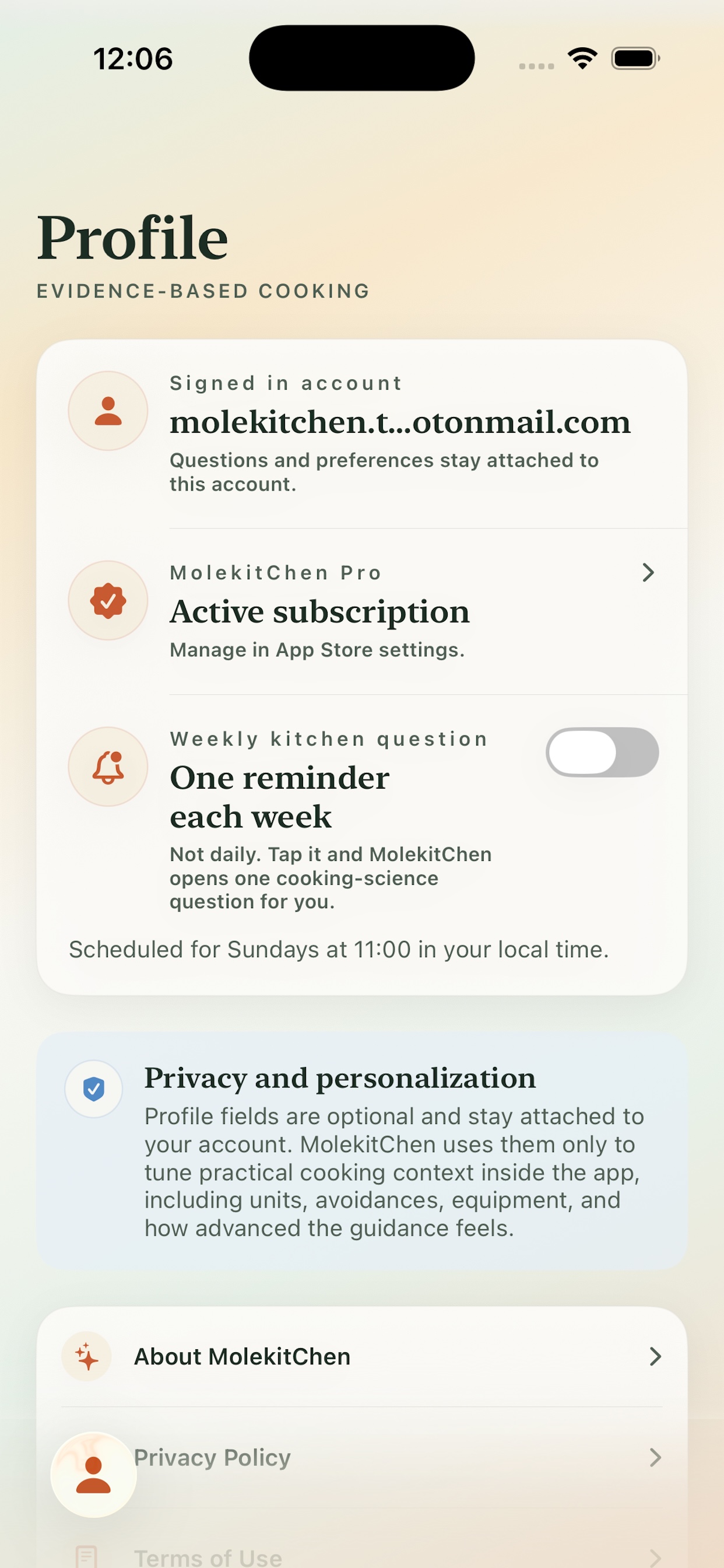 MolekitChen Profile account and subscription screen