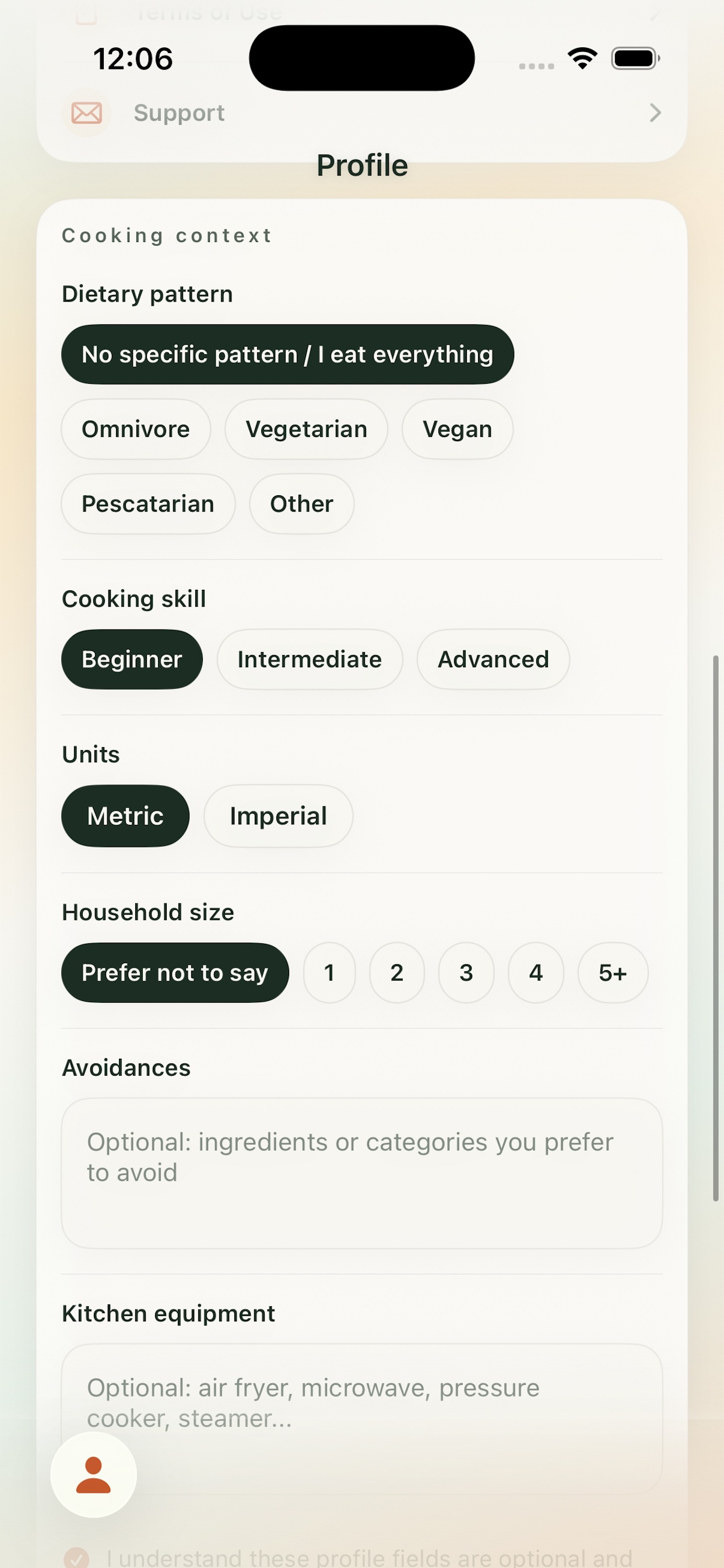 MolekitChen Profile cooking context preferences screen