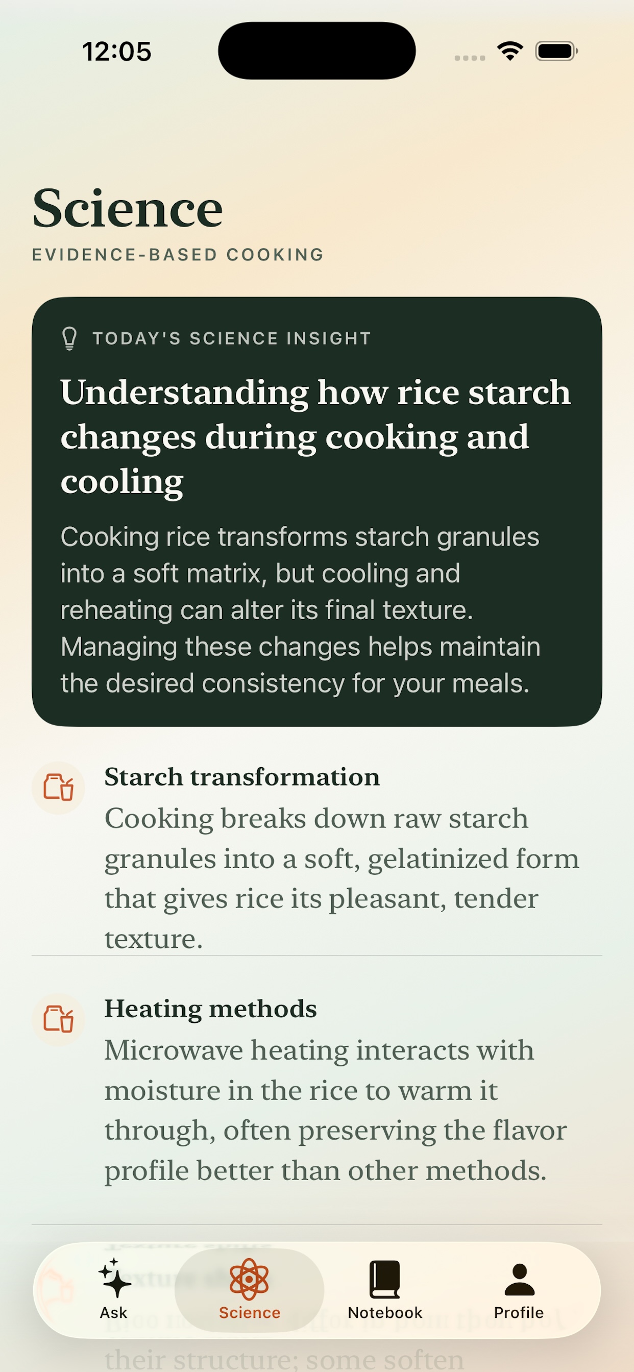 MolekitChen Science insight screen explaining cooking changes