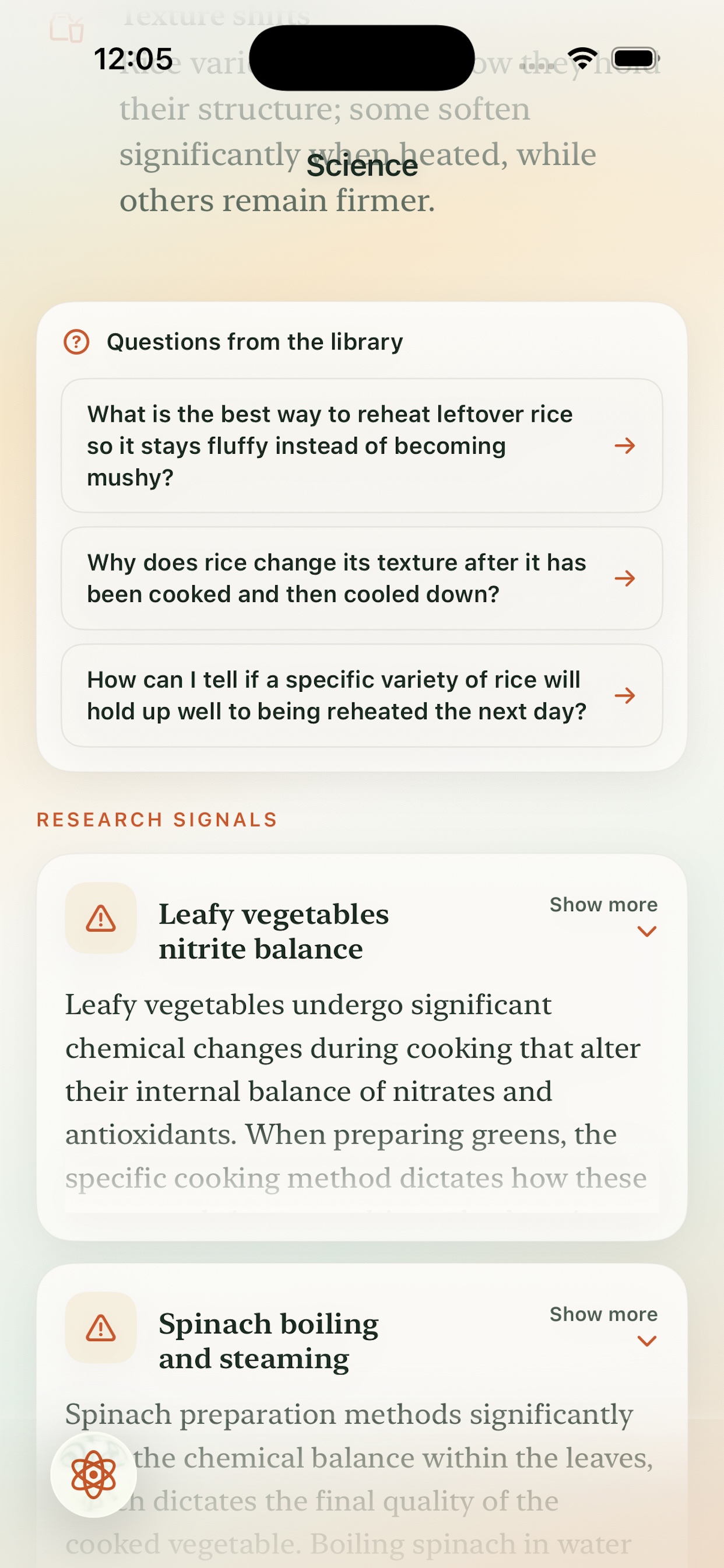 MolekitChen Science screen with research signals and library questions